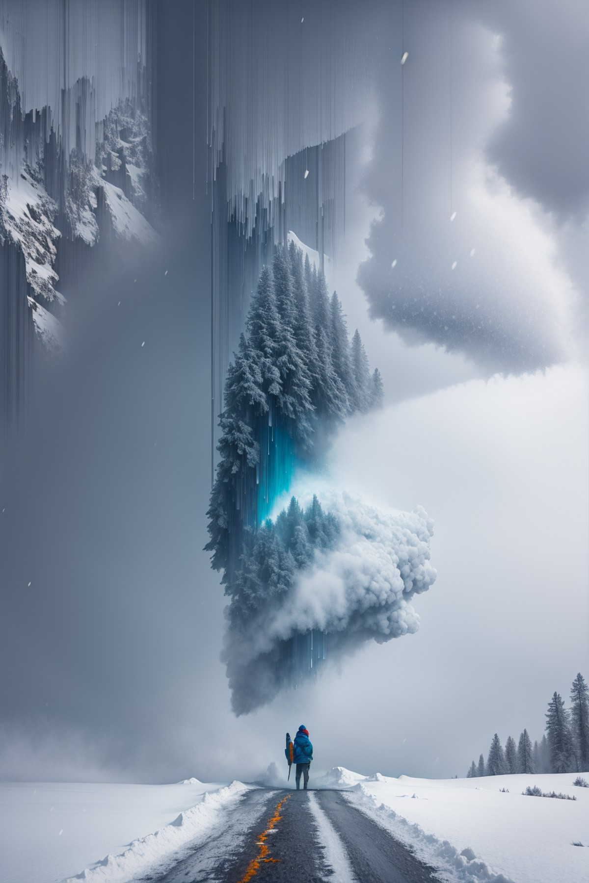 00708-1398634648-0104-pixel sorting, masterpiece, cute girl portrait, heavy snowing in a winter mountain forest, gray blue atmosphere.png